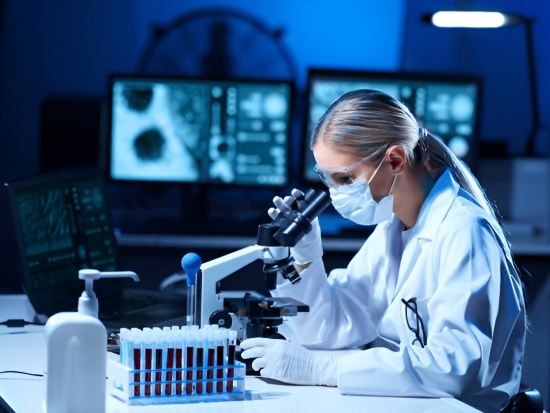  A scientist using a microscope with computer screens displaying data, showcasing drug testing technology.