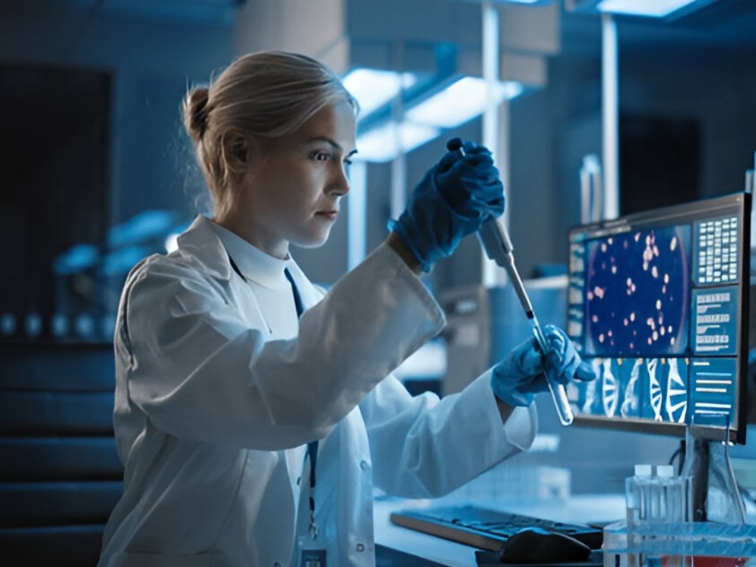 A scientist analyzing samples with a pipette and computer screen, possibly for employee drug screening.