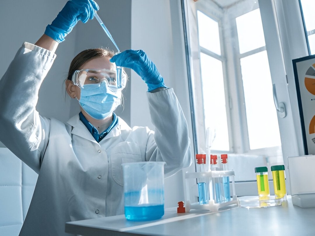 A lab technician performing drug testing services, carefully analyzing a sample in a laboratory.